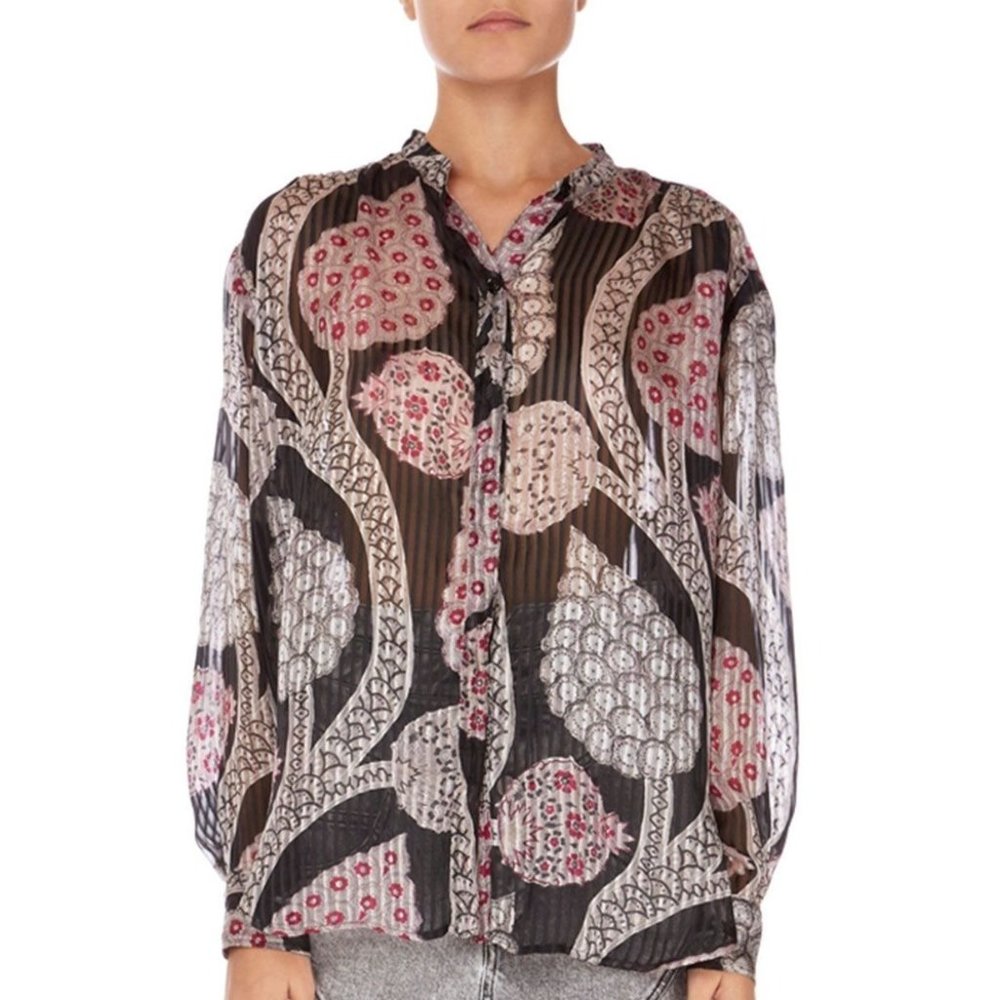 Isabel Marant NWT Daws Silk Blouse  Sheer Floral Black Shirt Top Extra Large XL